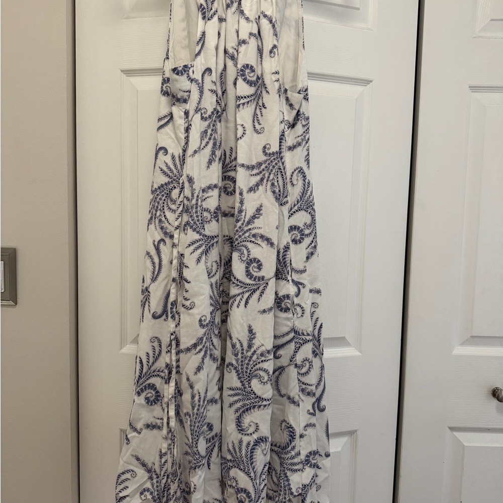 White Halter Too Maxi Dress with Blue Paisley Scroll Print